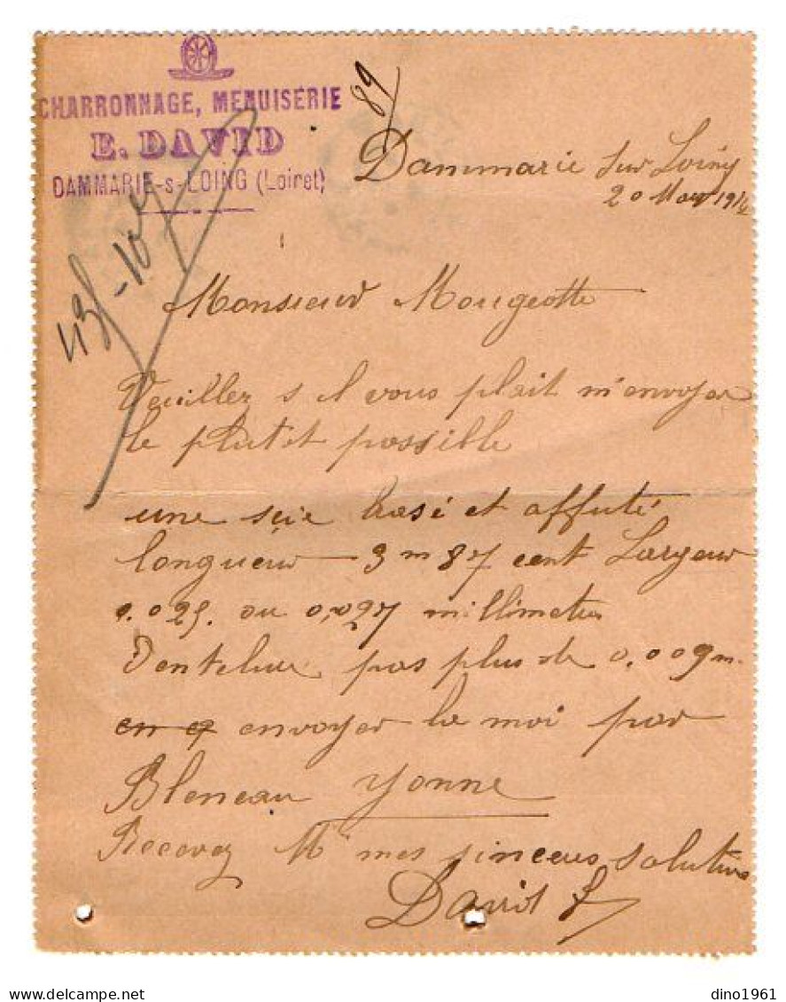 TB 4437 - 1914 - Entier Postal - Carte Lettre - M. DAVID à DAMMARIE SUR LOING ( Cachet Perlé ) Pour MOUGEOTTE à  MELAY - Kartenbriefe