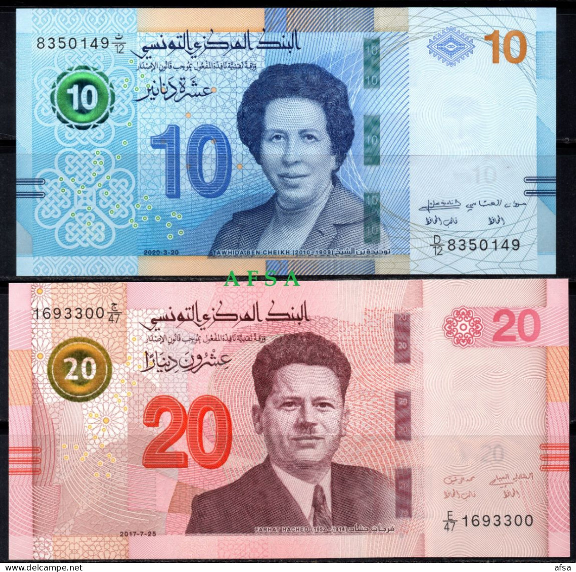 Lot De 2 Billets Neufs** :10 DT 2020 Et 20 DT 2017// Lot Of 2 Notes 10/2020 -20/2017 UNC**(free Shipping- Envoi Gratuit) - Tunisie