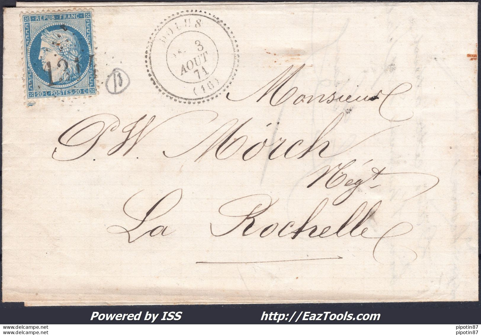 FRANCE N°37 SUR LETTRE AVEC GC 1314 DOLUS CHARENTE INF + CAD TYPE 22 DU 03/08/1871 - 1870 Beleg Van Parijs