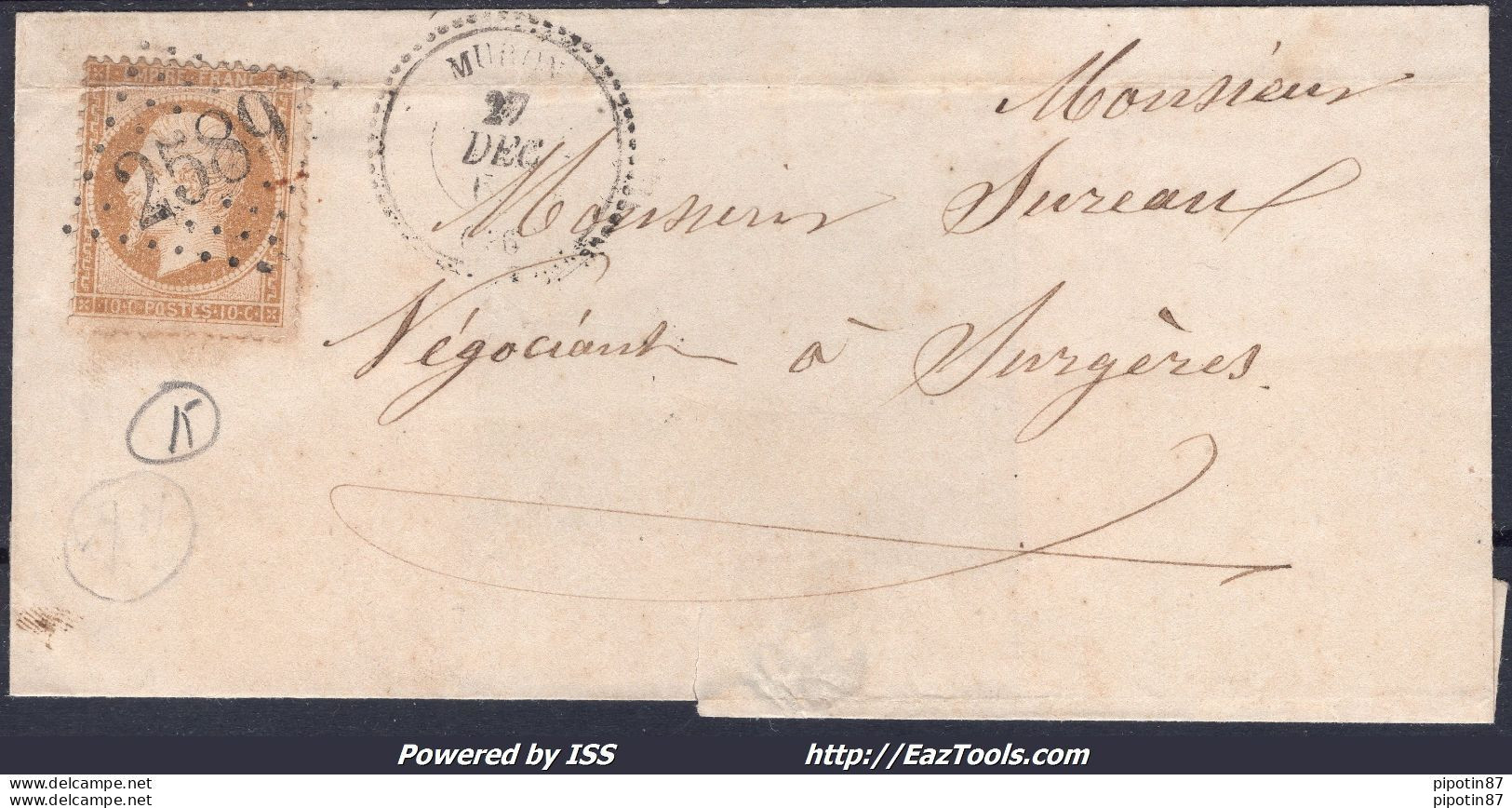 FRANCE N°21 SUR LETTRE AVEC GC 2589 MURON CHARENTE INF + CAD DU 27/12/1863 - 1862 Napoleone III