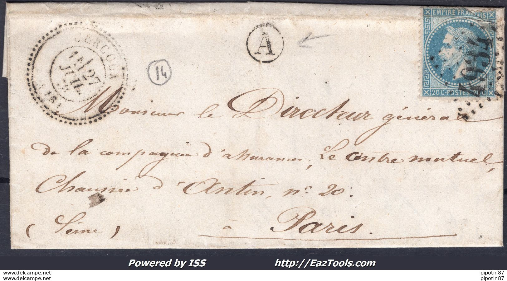 FRANCE N°29B SUR LETTRE GC 4934 CERCOUX CHARENTE INF + CAD DU 27/07/1870 - 1863-1870 Napoléon III. Laure