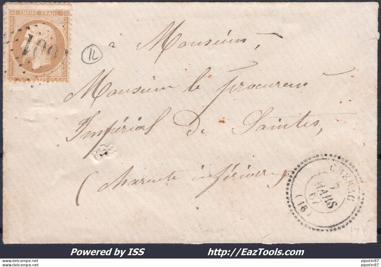 FRANCE N°21 SUR LETTRE GC 1001 CHÉRAC CHARENTE INF + CAD DU 07/03/1867 - 1862 Napoleone III