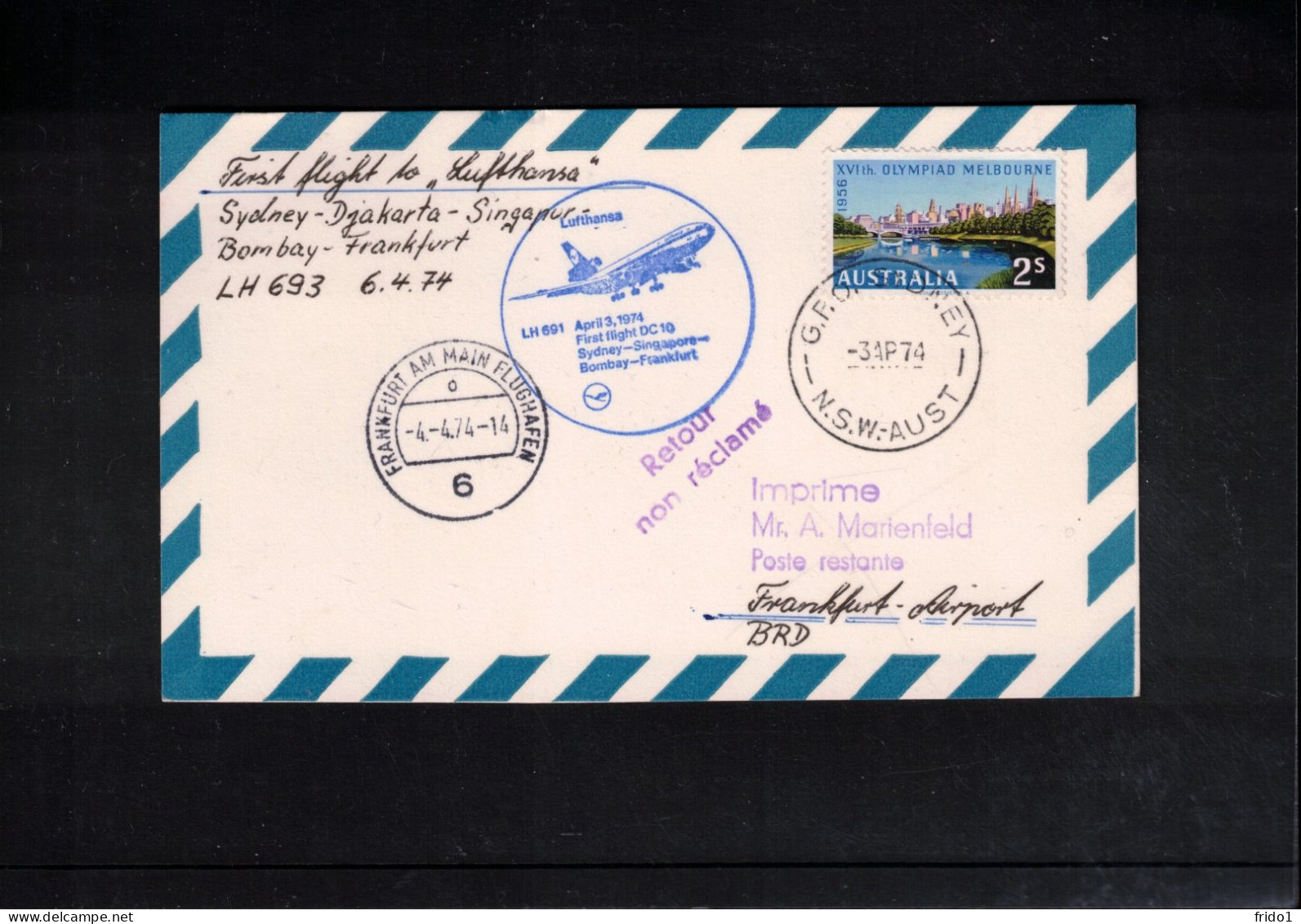 Australia 1974 Lufthansa First Flight Sydney - Ftankfurt - Cartas & Documentos