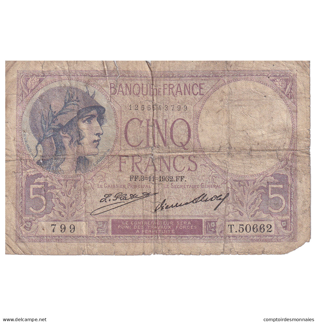 France, 5 Francs, Violet, 1932, T.50662, B, Fayette:F.03.16, KM:83 - 5 F 1917-1940 ''Violet''