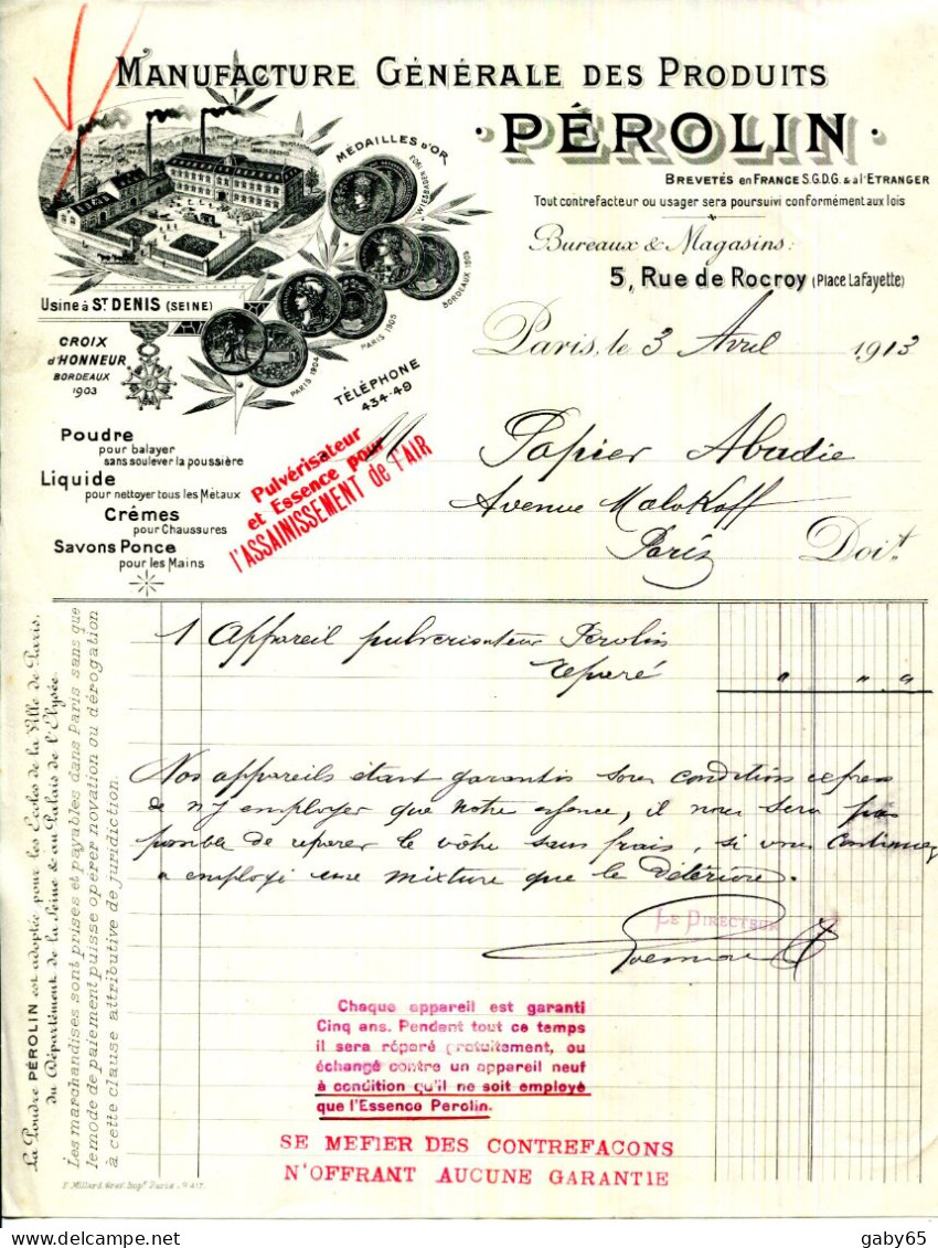 FACTURE.PARIS.MANUFACTURE GENERALE DES PRODUITS " PEROLIN " 5 RUE DE ROCROY. - Drogerie & Parfümerie