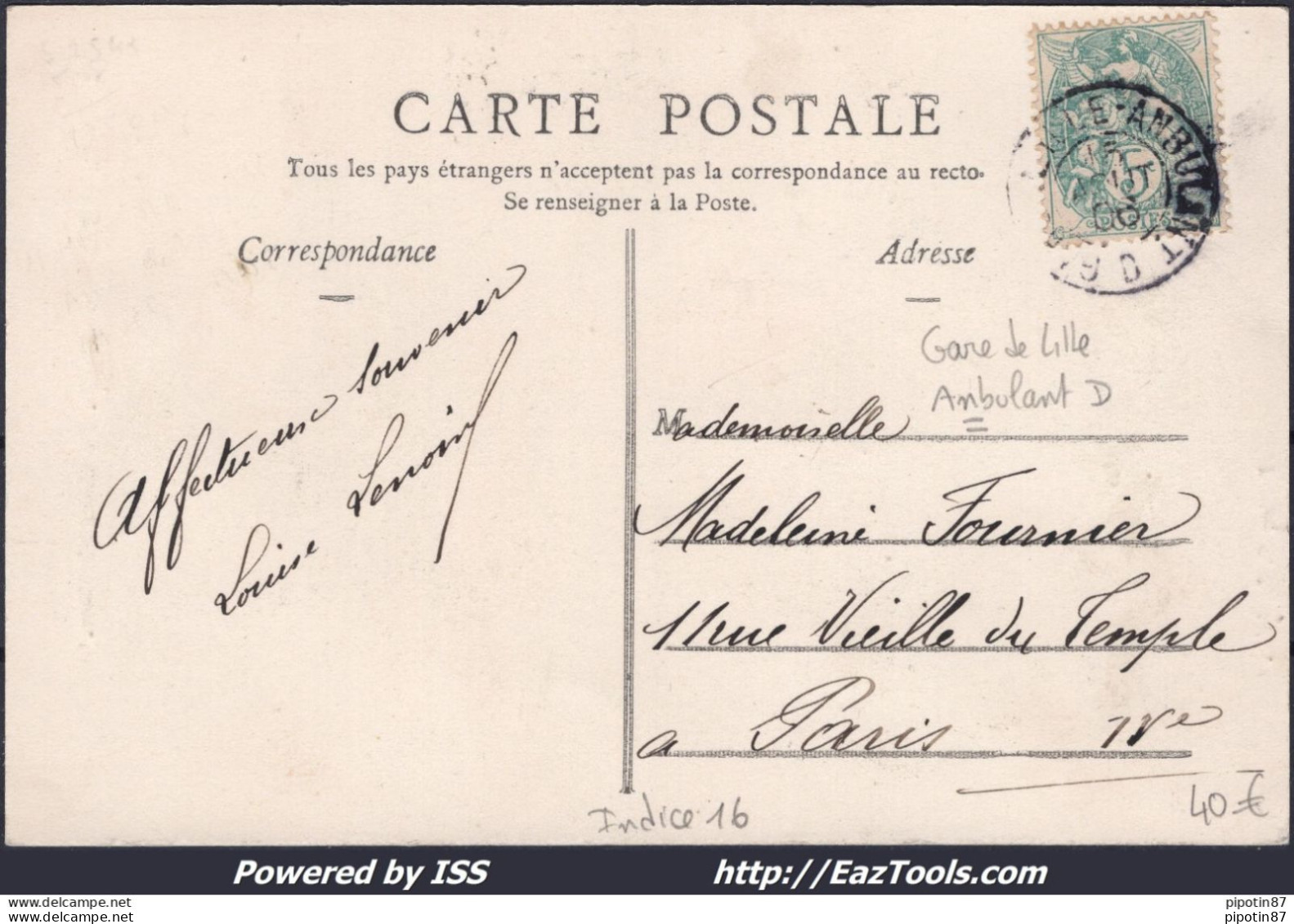 FRANCE TYPE BLANC N° 111 SUR CP CAD GARE DE LILLE ANBULANT D DU 15/08/1906 - 1900-29 Blanc