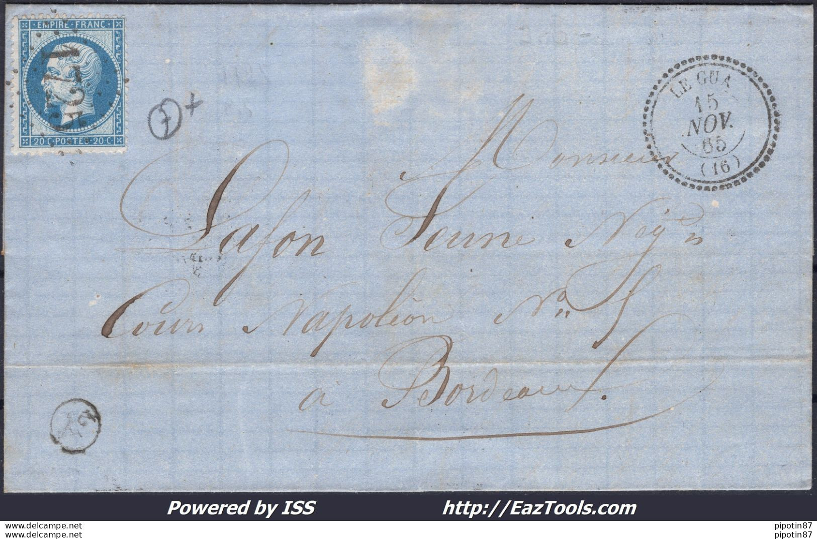 FRANCE N°22 SUR LETTRE AVEC GC 1725 LE GUA CHARENTE INF + CAD DU 15/11/1865 - 1862 Napoléon III