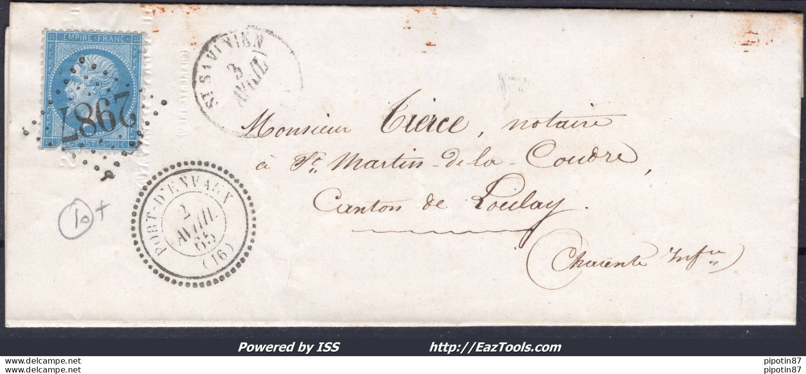 FRANCE N°22 SUR LETTRE GC 2987 PORT D'ENVAUX CHARENTE INF DU 02/04/1865 - 1862 Napoleone III