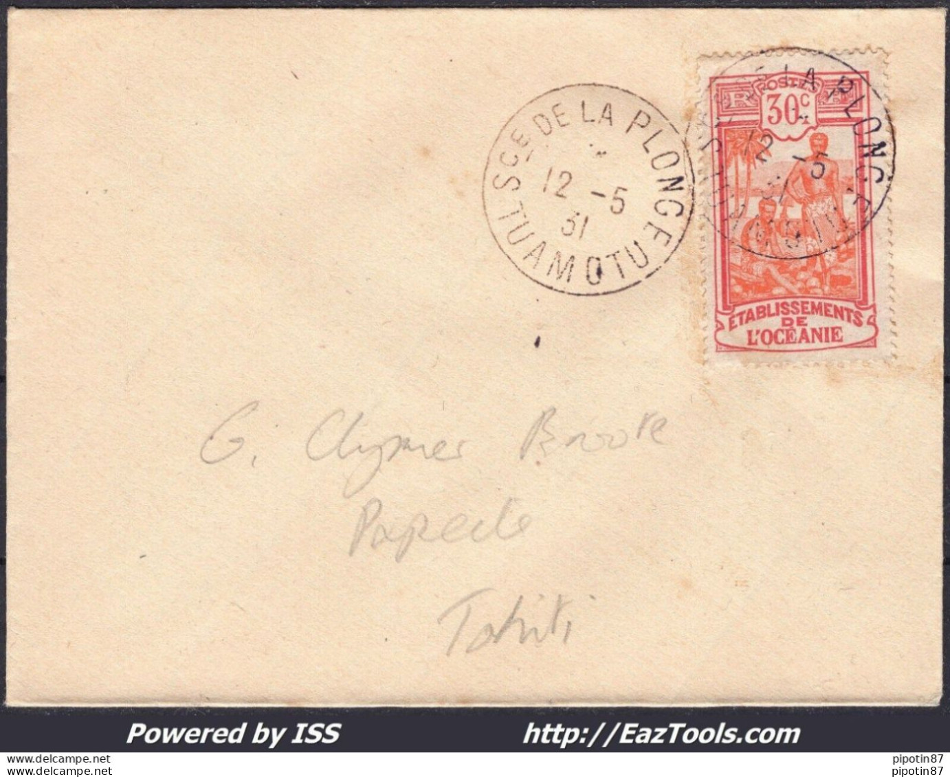 OCEANIE N°52 SUR LETTRE AVEC CAD DE LA SOCIETE DE LA PLONGE TUAMOTU 12/05/1931 RARE - Cartas & Documentos