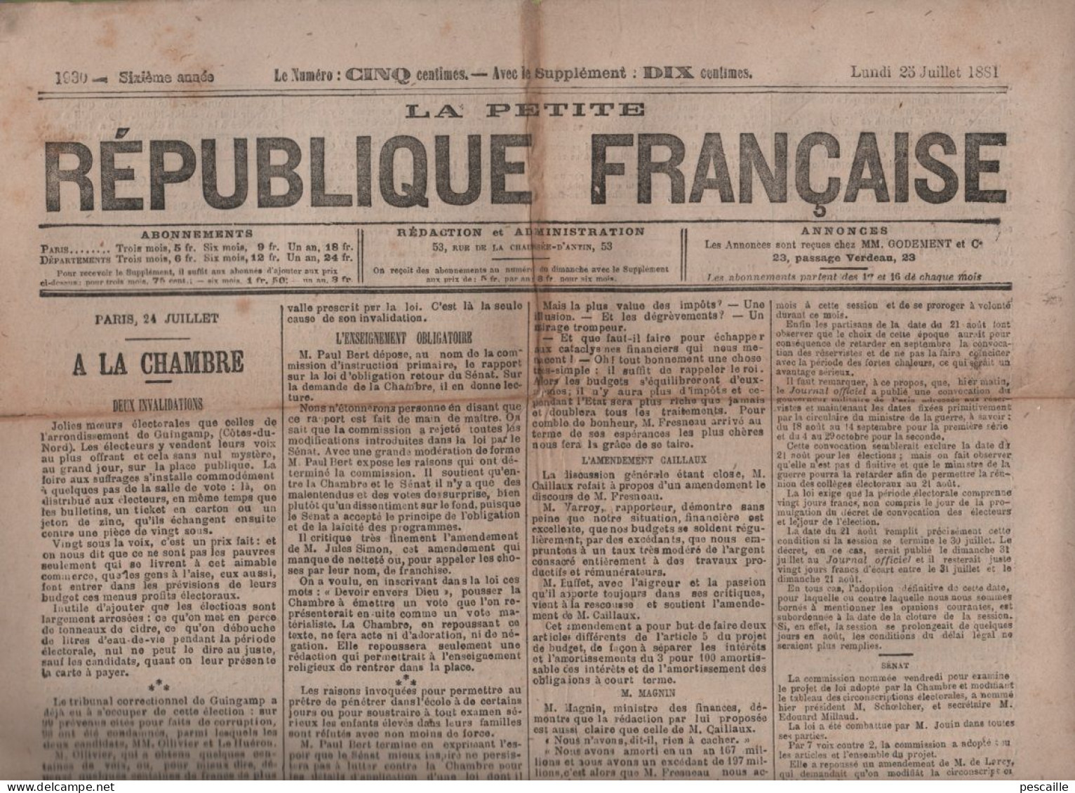 PETITE REPUBLIQUE FRANCAISE 25 7 1881 - GUINGAMP - ENSEIGNEMENT OBLIGATOIRE - BUDGET - ELECTIONS - TUNISIE - RIBEAUVILLE - 1850 - 1899