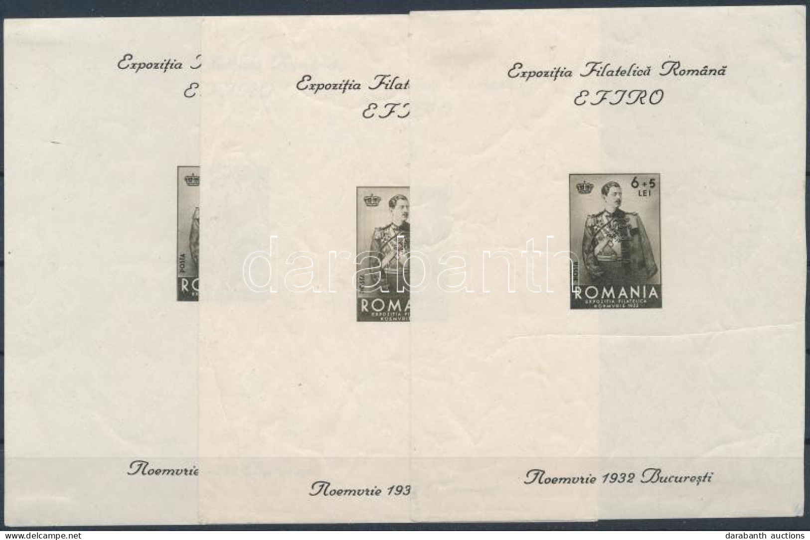 * Románia 1932 3 Db EFIRO Bélyegkiállítás Blokk Mi 1 (**Mi EUR 300.-) (ráncok, Törések / Creases, Folds) - Other & Unclassified