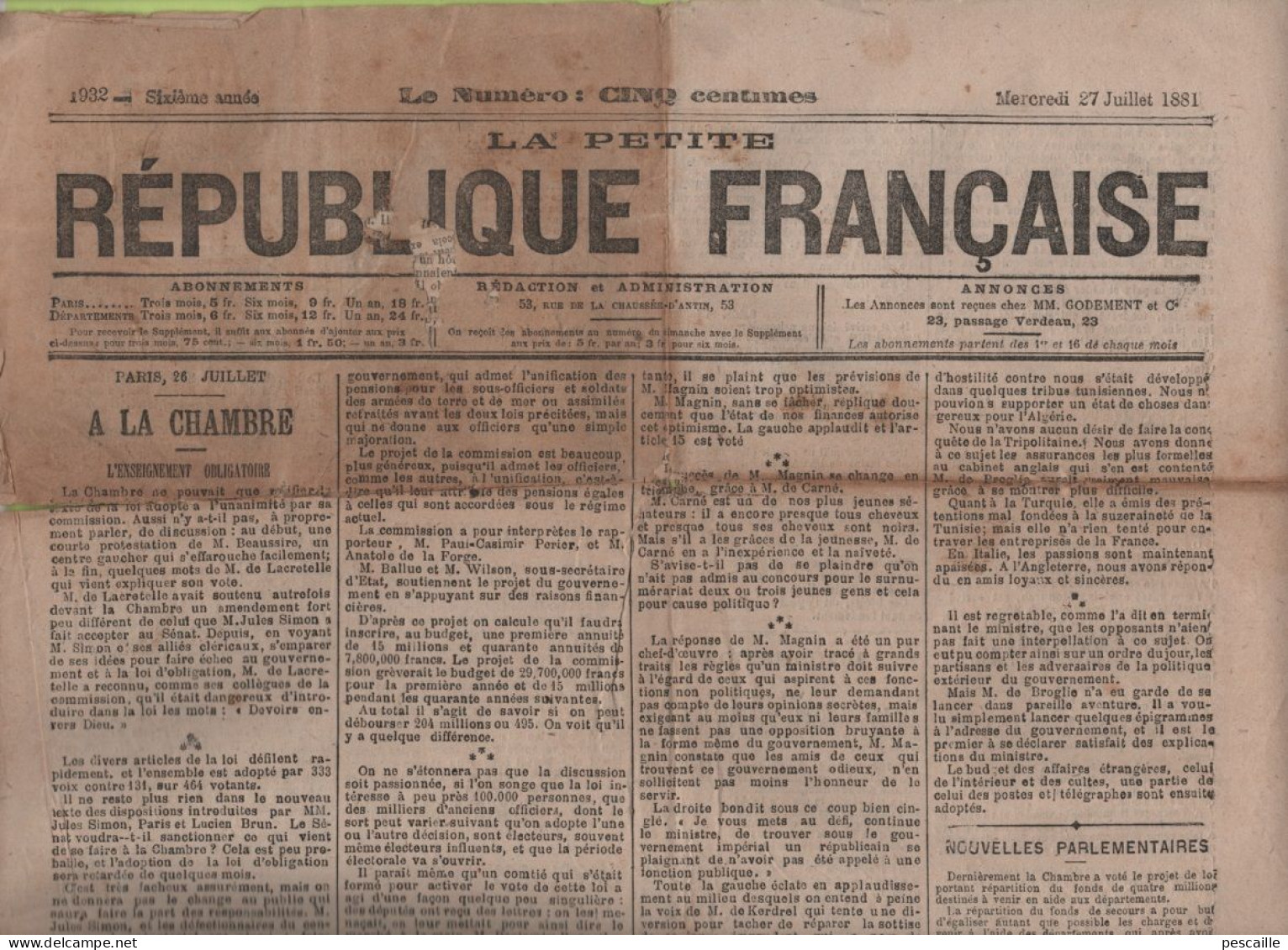 LA PETITE REPUBLIQUE FRANCAISE 27 07 1881 - ENSEIGNEMENT OBLIGATOIRE - BUDGET - PREFET DE POLICE - TUNISIE - ALGERIE - - 1850 - 1899
