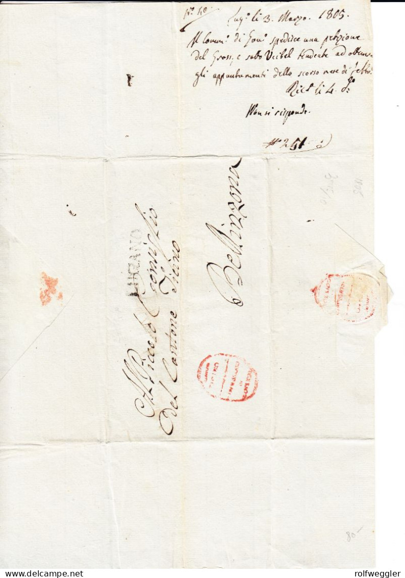 1805 Faltbrief Des Commissario Di Governo Del Distretto Di Lugano. Roter Handstempel Und Balkenstempel LUGANO In Schwarz - ...-1845 Prefilatelia