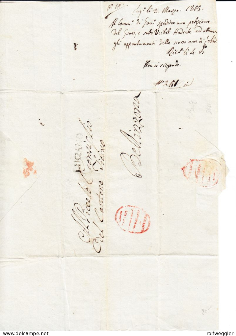 1805 Faltbrief Des Commissario Di Governo Del Distretto Di Lugano. Roter Handstempel Und Balkenstempel LUGANO In Schwarz - ...-1845 Préphilatélie