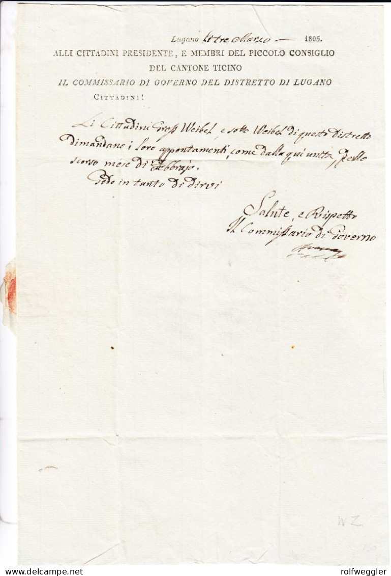 1805 Faltbrief Des Commissario Di Governo Del Distretto Di Lugano. Roter Handstempel Und Balkenstempel LUGANO In Schwarz - ...-1845 Prefilatelia