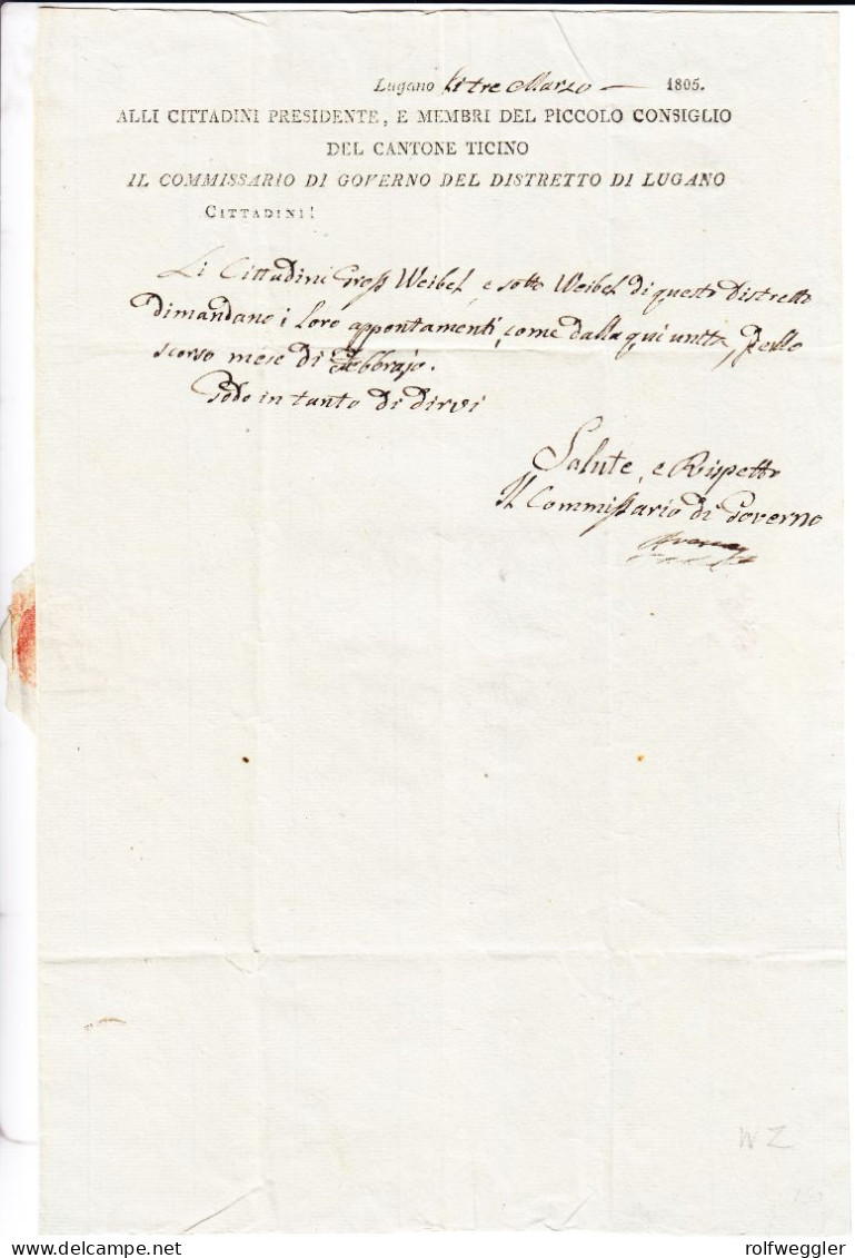 1805 Faltbrief Des Commissario Di Governo Del Distretto Di Lugano. Roter Handstempel Und Balkenstempel LUGANO In Schwarz - ...-1845 Préphilatélie