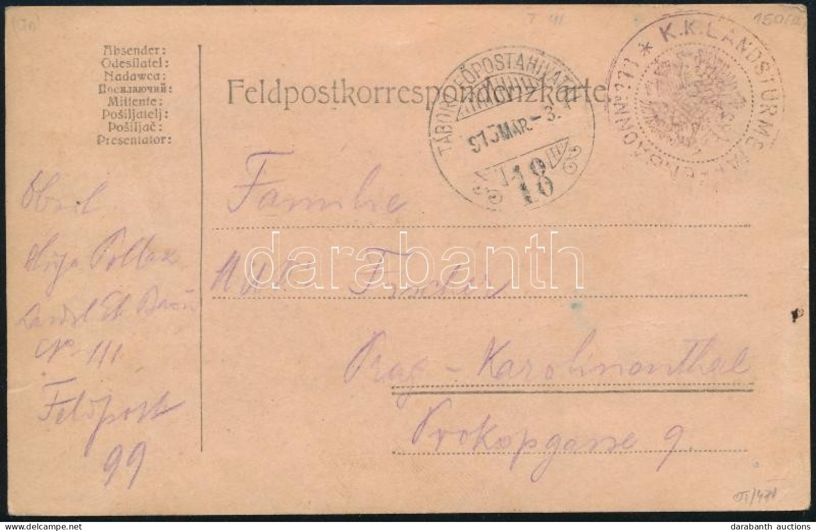 1915 Tábori Posta Levelezőlap "K.K. LANDSTURME" + "TP 18" - Autres & Non Classés