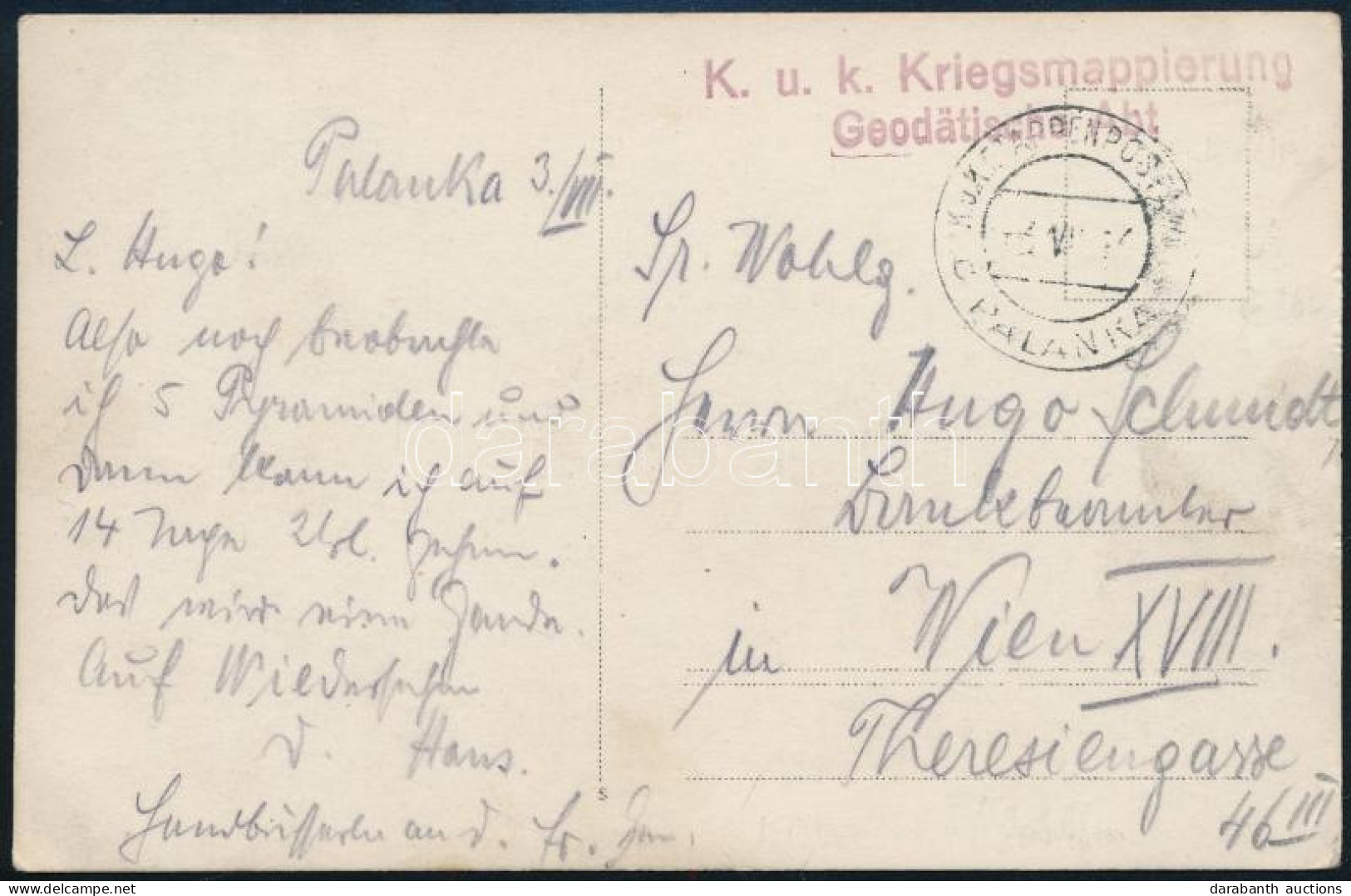 1916 Katonai Fényképen Tábori Posta "K.u.k. Etappenpostamt / PALANKA" + "K.u.k. Kriegsmappierung Geodätische Abt." Bélye - Sonstige & Ohne Zuordnung