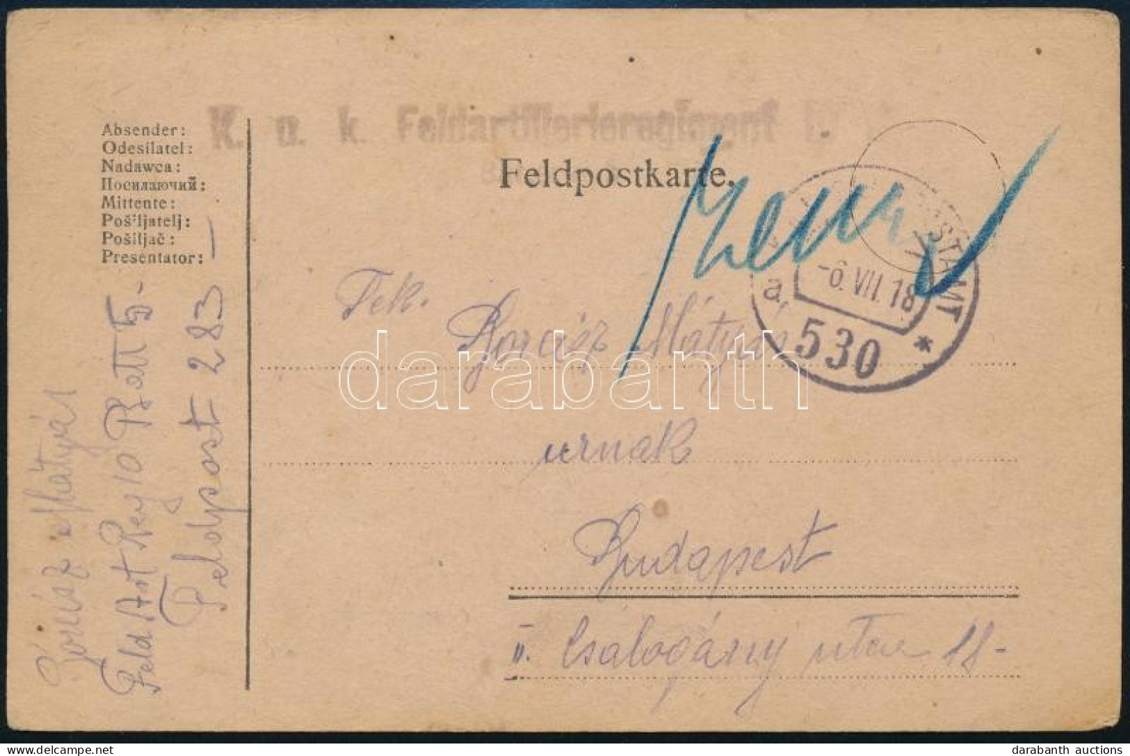 1918 Tábori Posta Levelezőlap "K.u.k. Feldartillerieregiment" + "FP 530 A" - Other & Unclassified