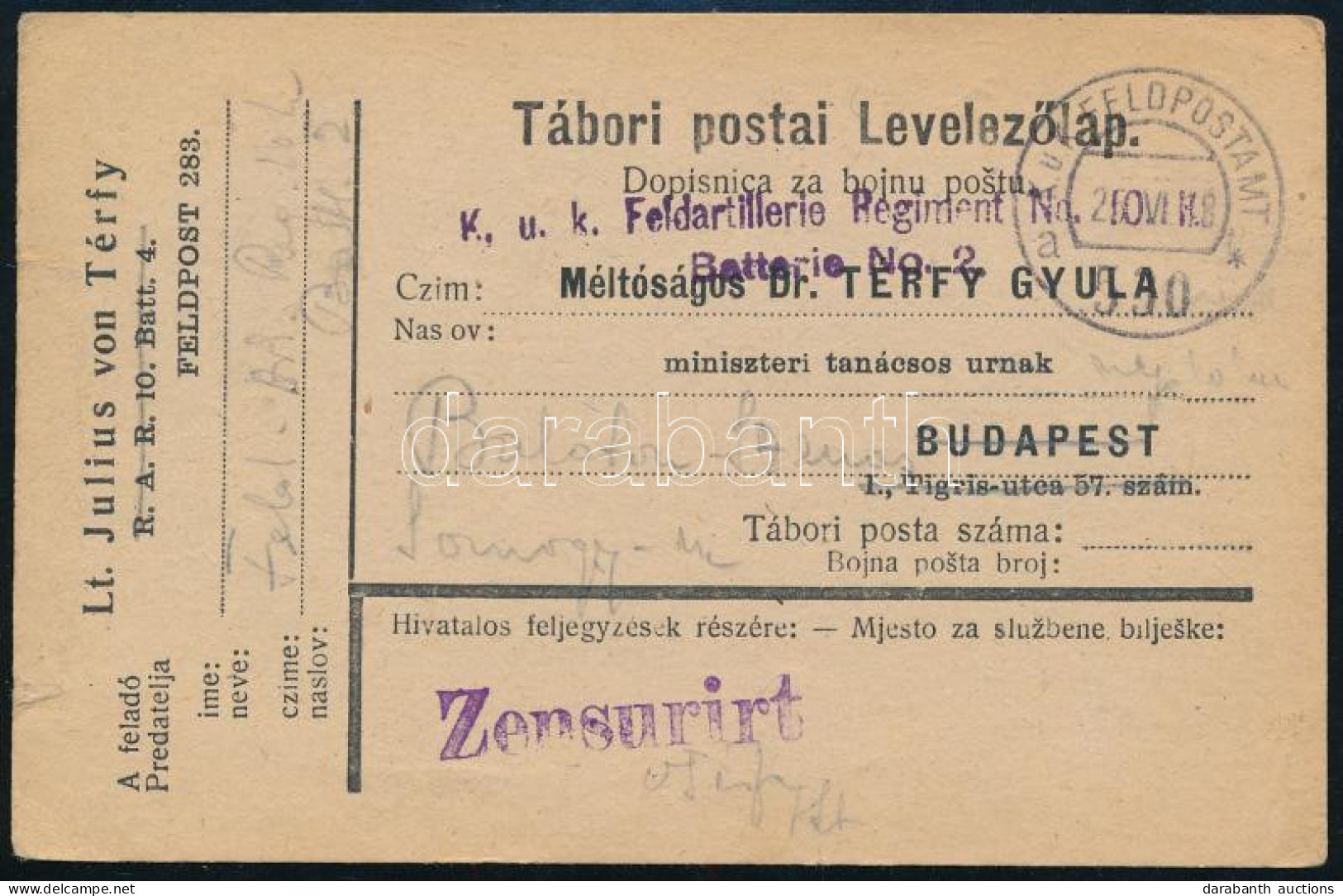 1918 Tábori Posta Levelezőlap "K.u.k. Feldartillerie Regiment Nr. 50. - Batterie No.2." + "FP 530 A" - Otros & Sin Clasificación