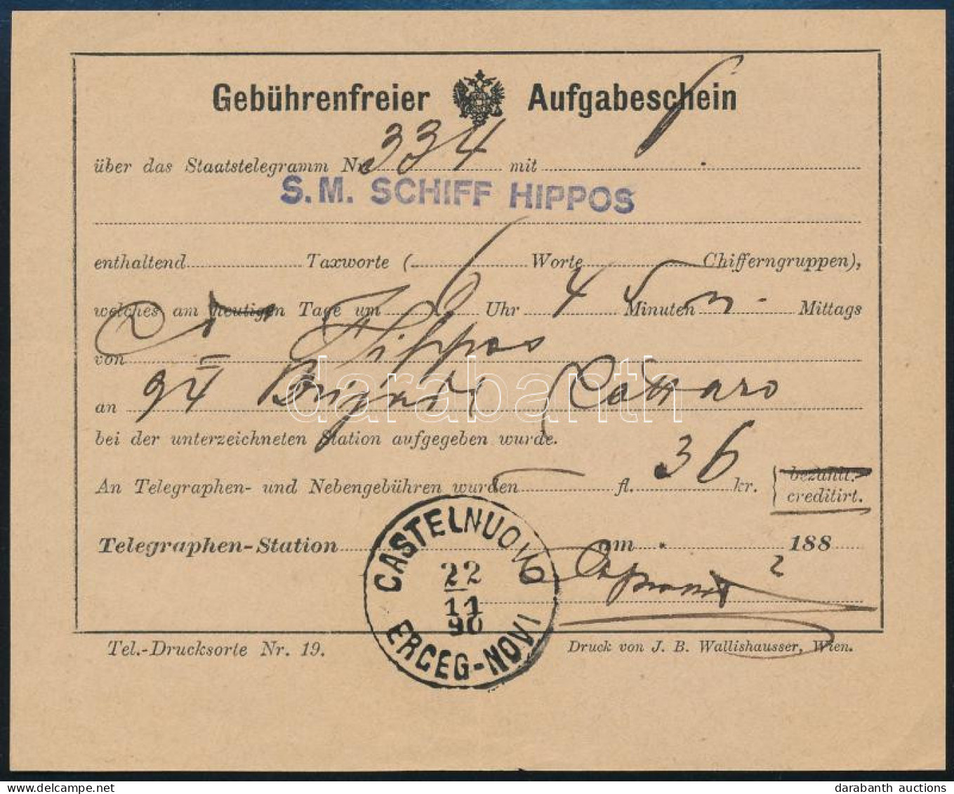 1890 Tábori Posta Távirati Díj Nyugta "S.M. SCHIFF HIPPOS" - Other & Unclassified