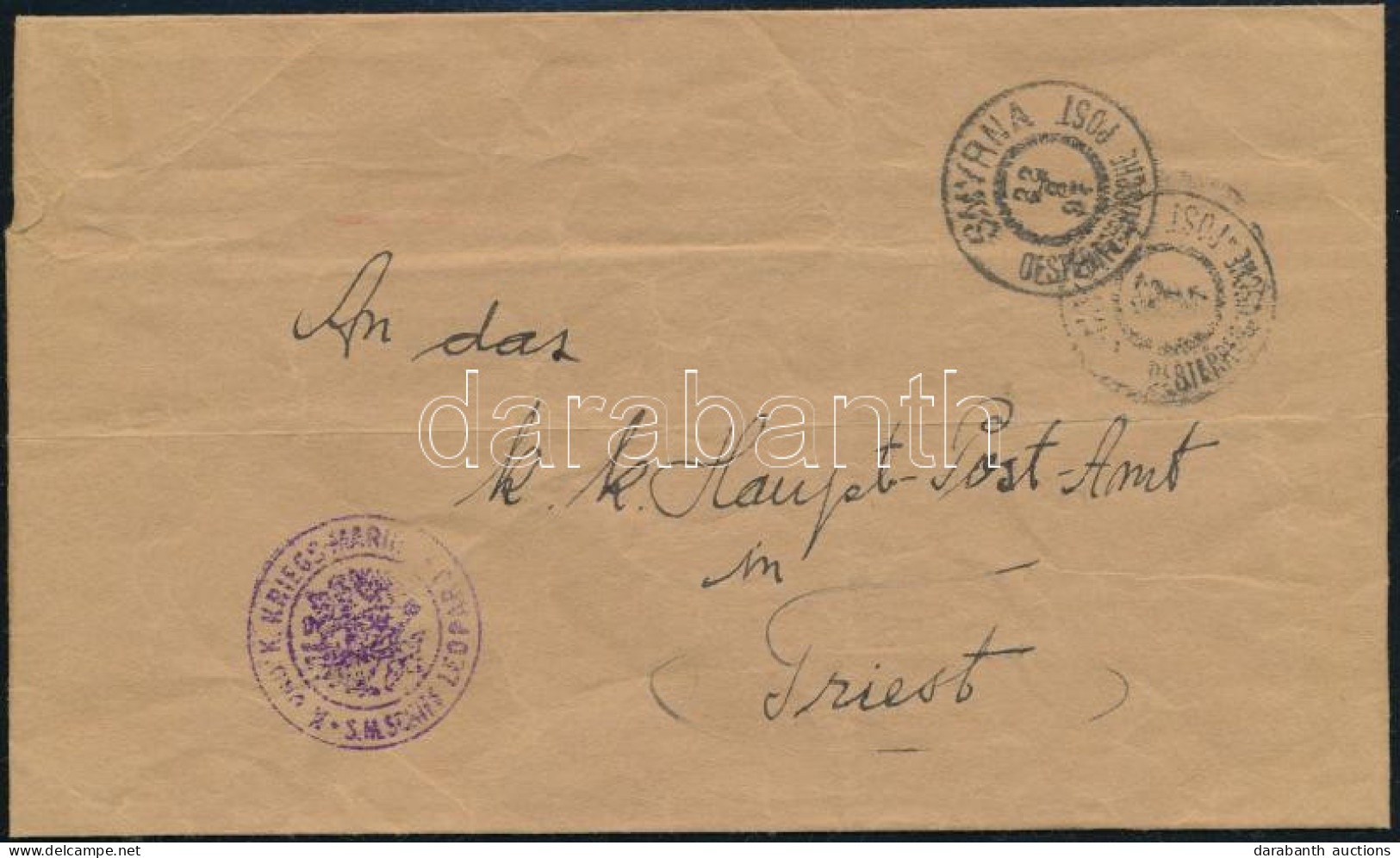 1897 Levél Címszalagból Az S.M.S. Leopardról Küldve Triesztbe. / Wrapper Made Into An Envelope Mailed From S.M.S. Leopar - Autres & Non Classés