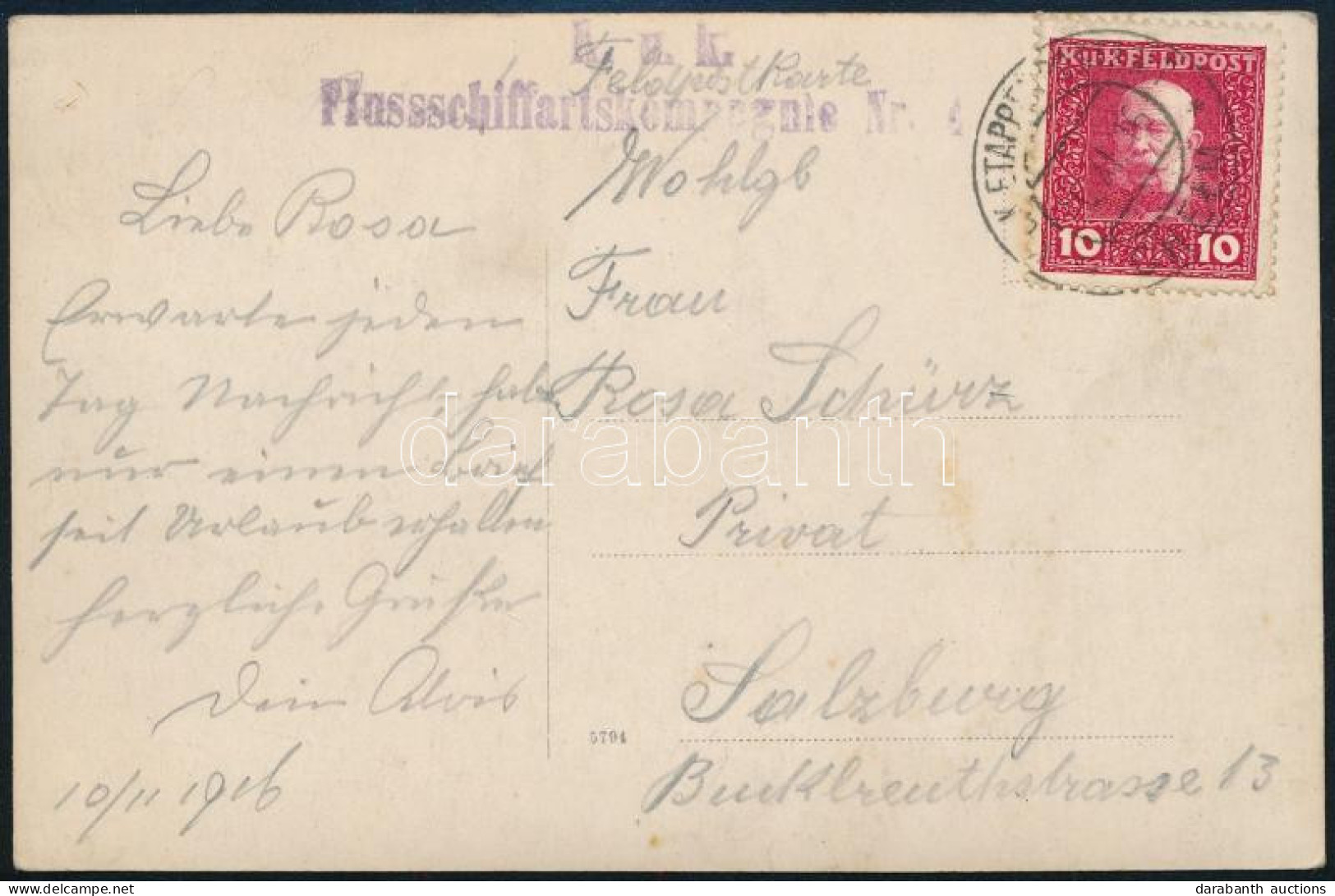 1916 Tábori Posta Képeslap "K.u.k. Flusschiffartskompagnie Nr. 4" - Autres & Non Classés