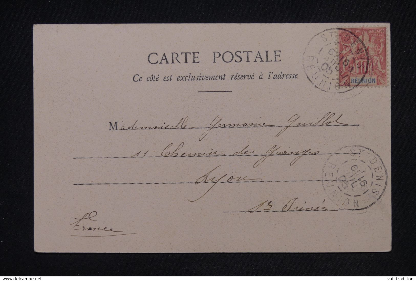 RÉUNION - Affranchissement Type Groupe  De St Denis Sur Carte Postale Pour Lyon En 1905 - L 148321 - Covers & Documents