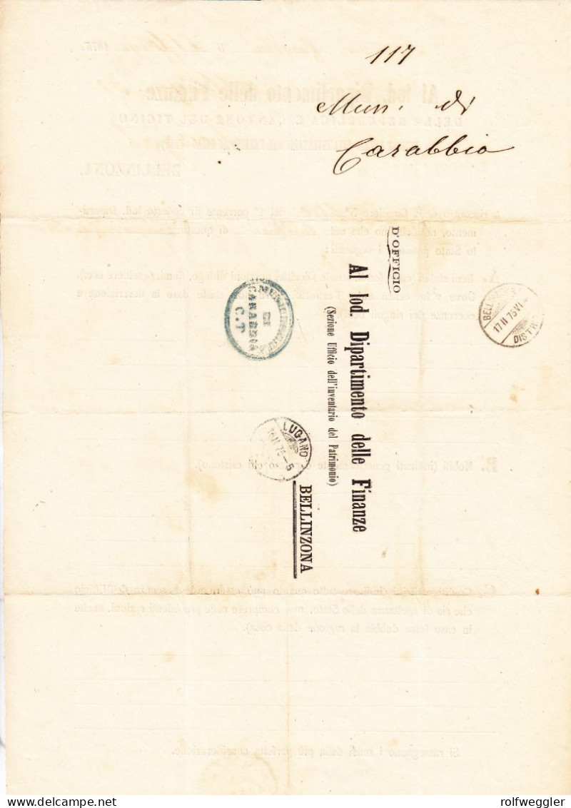 1875 Amtsformular Aus Carabbia Ans Finanzamt Bellinzona - ...-1845 Prefilatelia