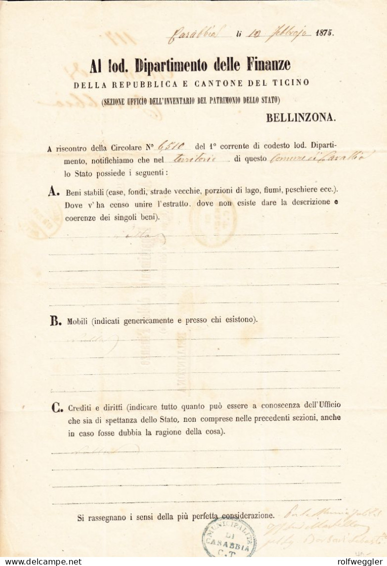 1875 Amtsformular Aus Carabbia Ans Finanzamt Bellinzona - ...-1845 Prephilately