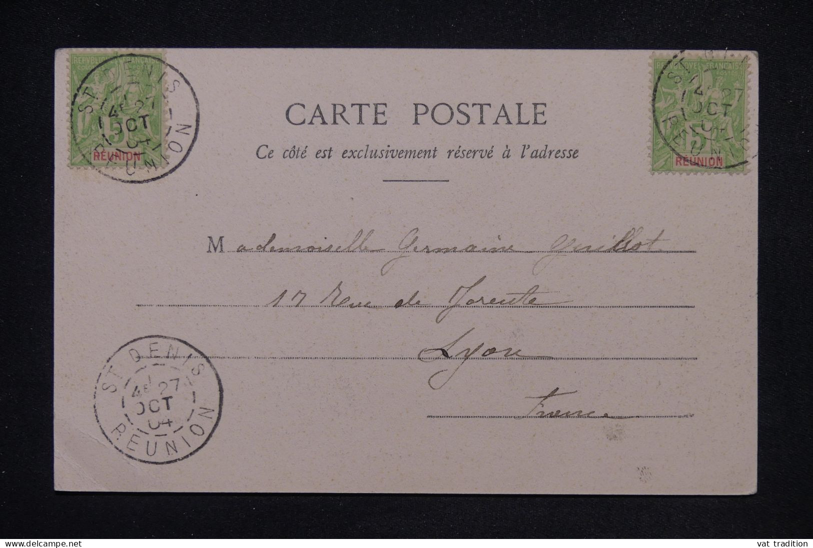 RÉUNION - Affranchissement Type Groupe X 2 De St Denis Sur Carte Postale Pour Lyon En 1904 - L 148322 - Lettres & Documents