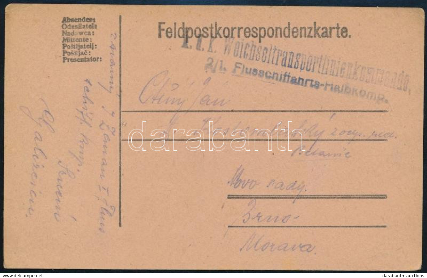 1917 Tábori Posta Levelezőlap "K.u.k. Weichseltransportlinienkommando, 2/1. Flusschiffahrts-Halbkomp" - Sonstige & Ohne Zuordnung