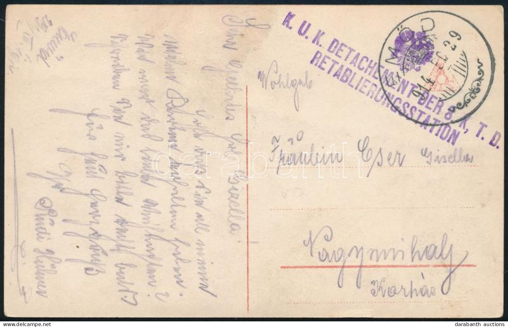 1914 Idilli ápolási Képeslap "K.U.K. DETACHEMENT DER 8. K, T.D. / RETABLIERUNGSSTATION" Lila Bélyegzéssel - Other & Unclassified