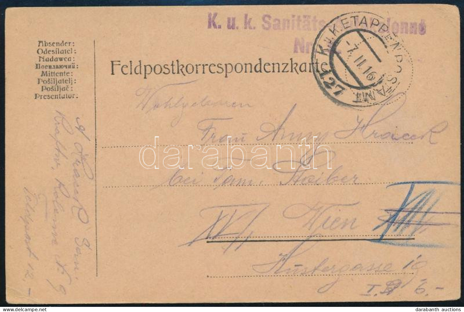 1916 Tábori Posta Levelezőlap "K.u.k. Sanitäts-Autokolonne Nr.9." + "EP 127 - Otros & Sin Clasificación