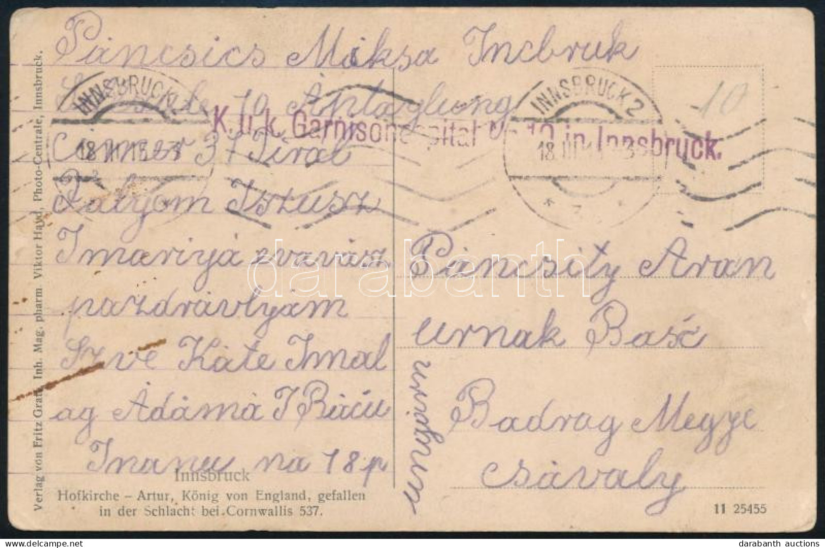 1916 Tábori Posta Képeslap (Artúr Király Lovagi Páncélban) "K.u.k. Garnisonespital Nr. 10 In Innsbruck" Lila Bélyegzésse - Autres & Non Classés