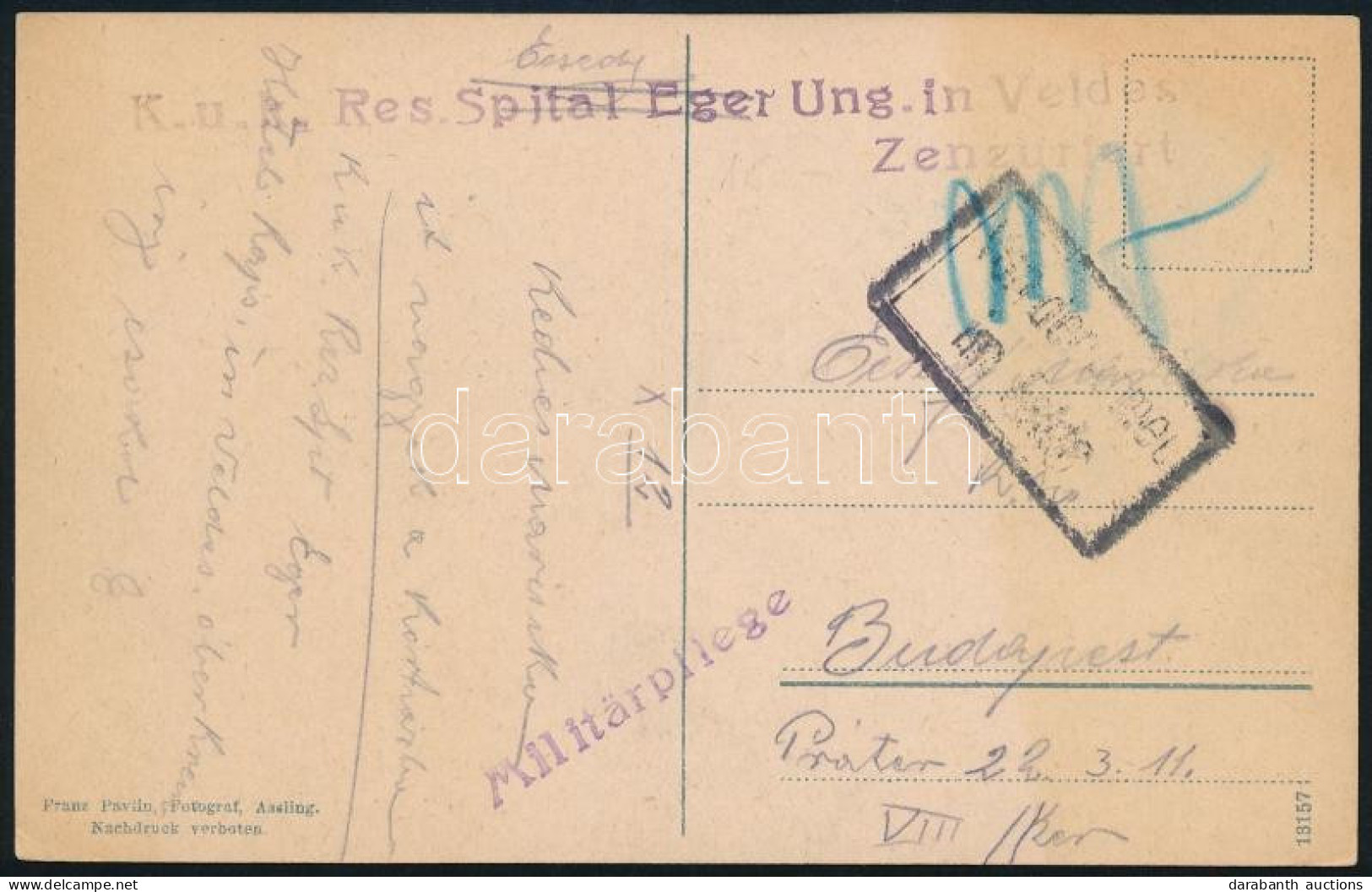 1916 Tábori Posta Képeslap (Veldes) "K.u.k. Res. Spital Eger Ung. In Veldes" Lila Bélyegzéssel - Other & Unclassified