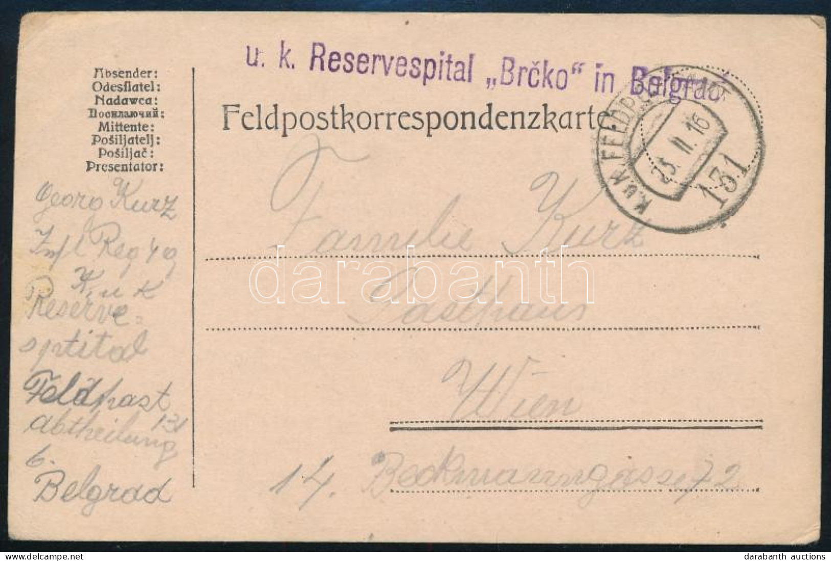 1916 Tábori Posta Levelezőlap "K.u.k. Reservespital Brcko In Belgrad" + "FP 131" - Andere & Zonder Classificatie