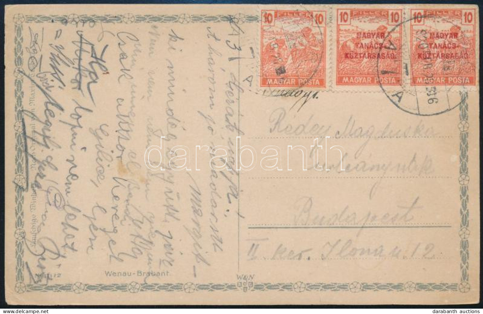 1920 Képeslap Magyar Posta 10f 2 Db Magyar Tanácsköztársaság 10f Bélyeggel - Other & Unclassified