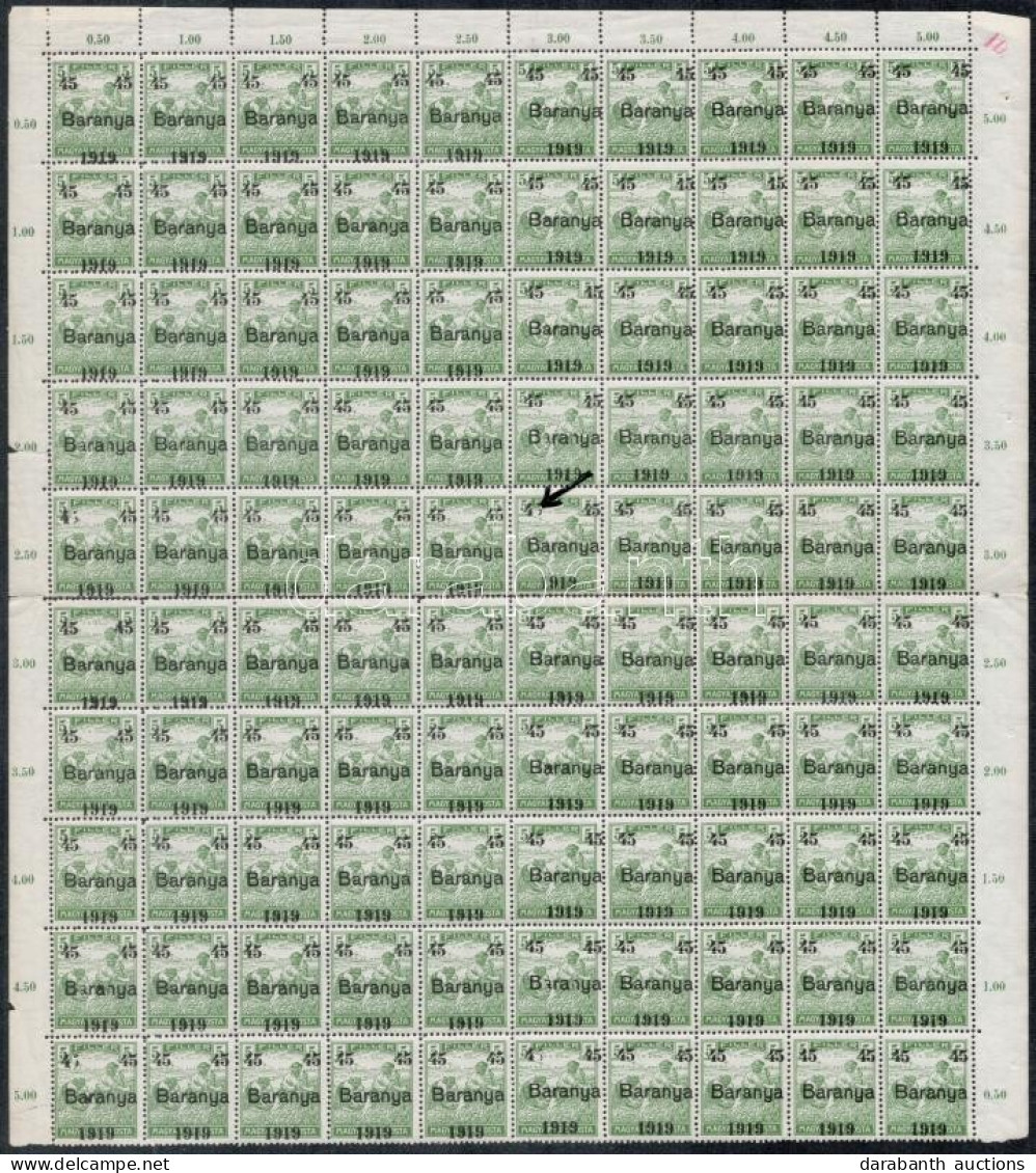 ** Baranya I. 1919 Arató 45f/5f Teljes ív Hiányzó ívszélekkel, Elvált Fogak, Lemezhiba / Mi 40 Complete Sheet, Missing M - Andere & Zonder Classificatie