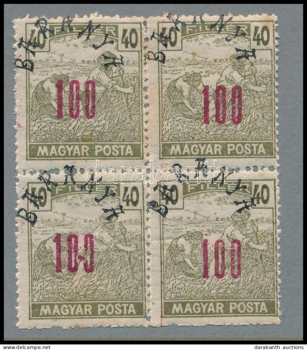 ** Baranya II 1919 Magyar Posta 100f/40f 4-es Tömb, Bodor Vizsgálójellel (rozsdapöttyök / Stain) - Sonstige & Ohne Zuordnung