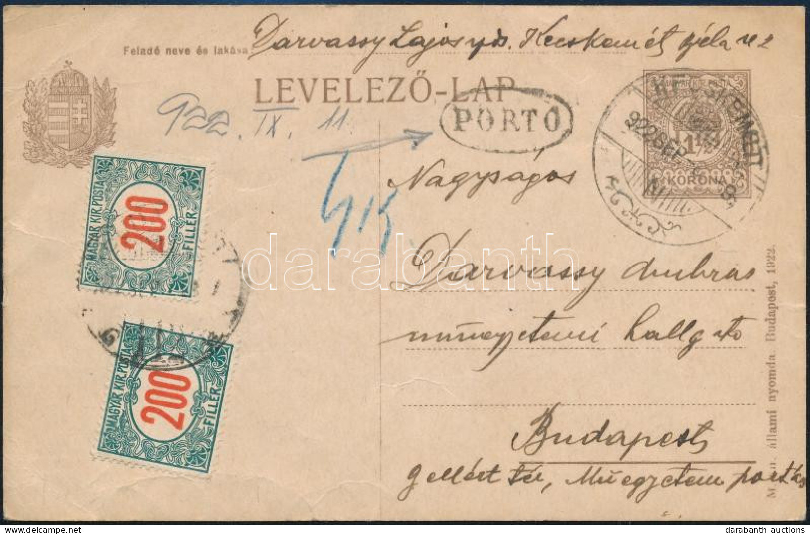 1922 1 1/2K Díjjegyes Levelezőlap 2 X 200f Portóval - Sonstige & Ohne Zuordnung