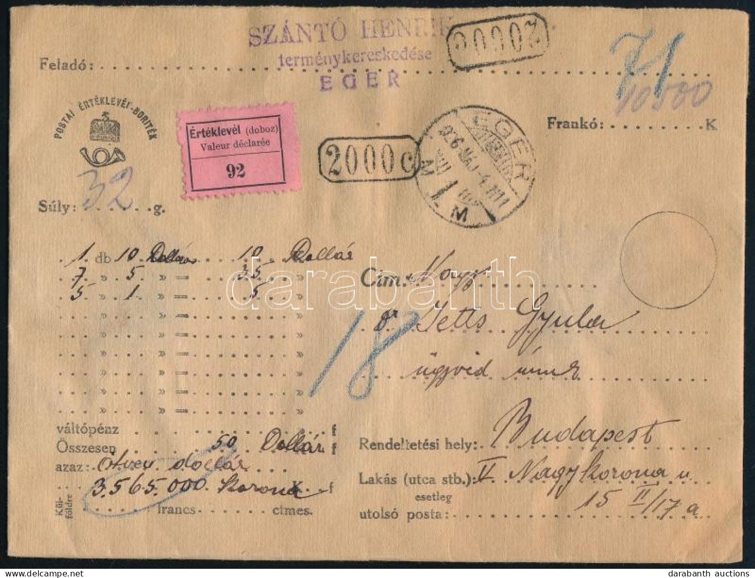 1926 Értéklevél Készpénzes Bérmentesítéssel "EGER" - Budapest - Other & Unclassified