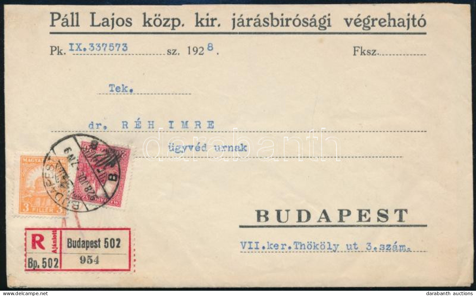 1928 Budapest Helyi Ajánlott Levél 23f Bérmentesítéssel - Sonstige & Ohne Zuordnung