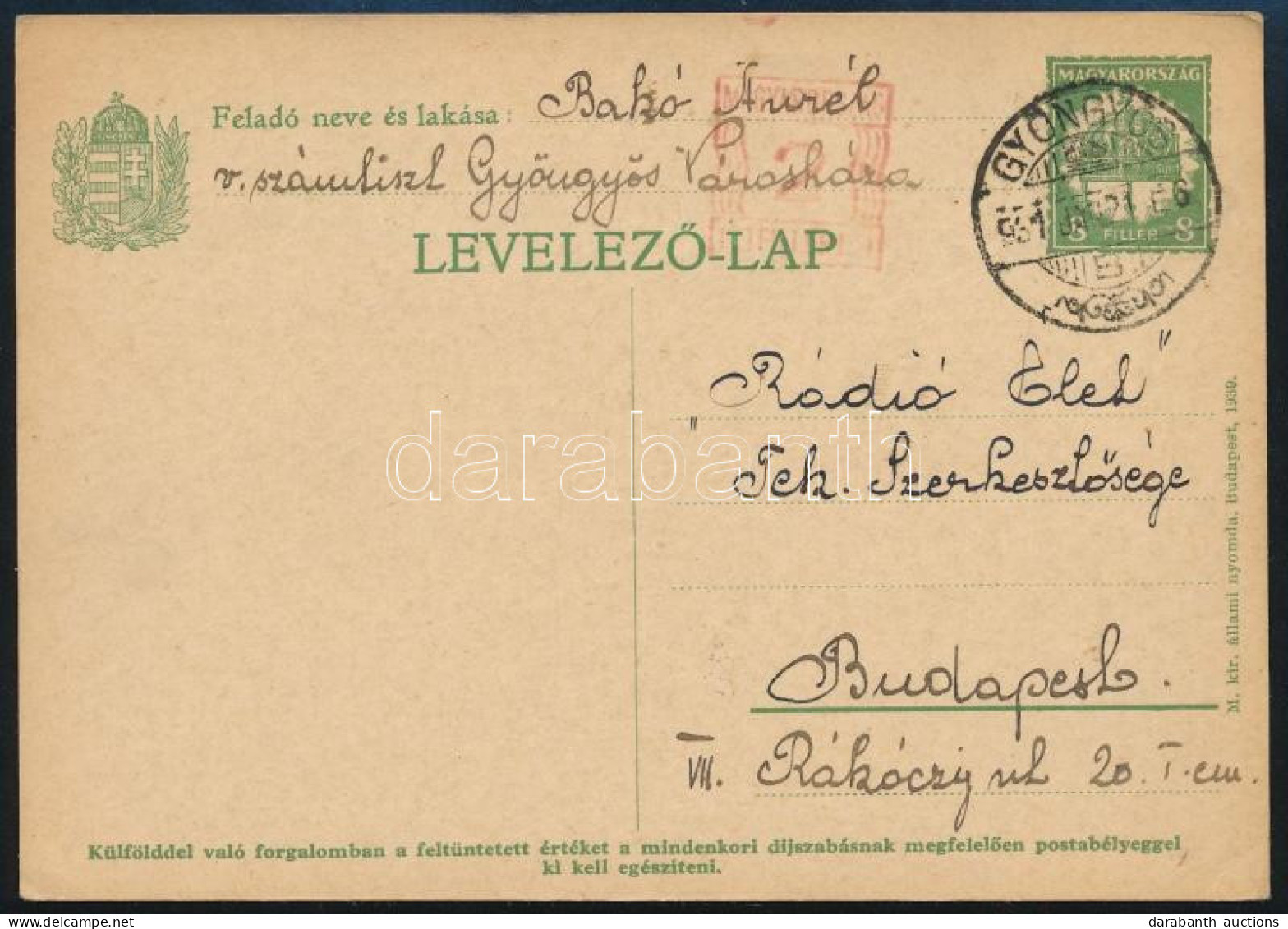 1931 Díjjegyes Levelezőlap "GYÖNGYÖS" + Gépi Kisegítő Bélyegzés - Altri & Non Classificati