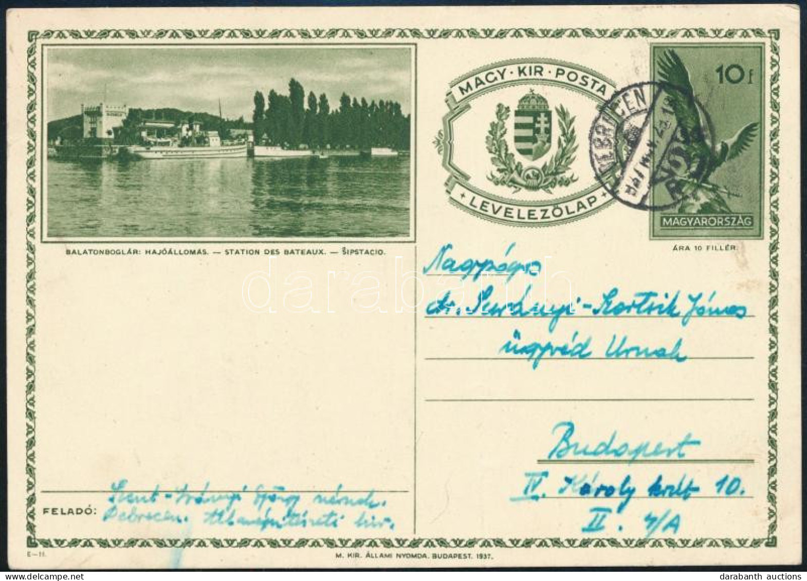 1937 10f Díjjegyes Balatonboglár Képes Levelezőlap (E-11) "DEBRECEN" - Budapest - Sonstige & Ohne Zuordnung