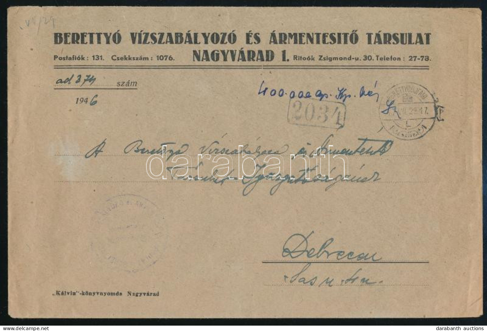 1946 (27. Díjszabás) Levél 400.000 AP Készpénzes Bérmentesítéssel Berettyóújfaluról Debrecenbe - Altri & Non Classificati