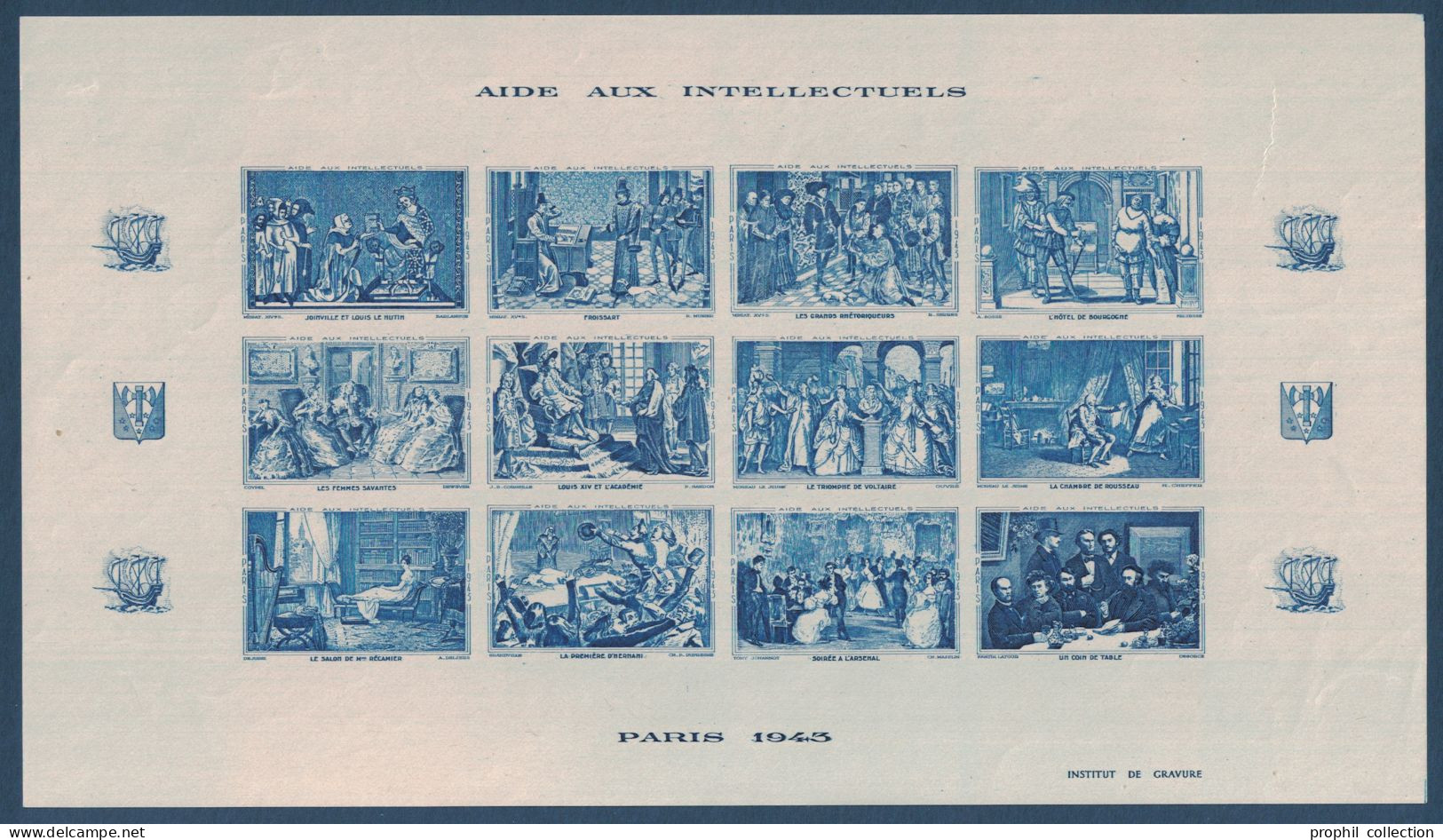 BLOC FEUILLET NON DENTELÉ De 12 VIGNETTES " AIDE AUX INTELLECTUELS " De L'INSTITUT DE GRAVURE De PARIS 1943 - Esposizioni Filateliche