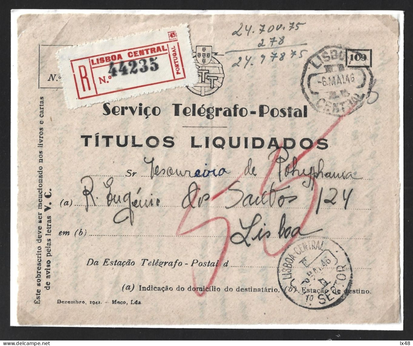 Serviço Telégrafo-postal. Documento Registado Lisboa Sector Central 1 1946. Polifonia. Telegraph-postal Service. Registe - Briefe U. Dokumente