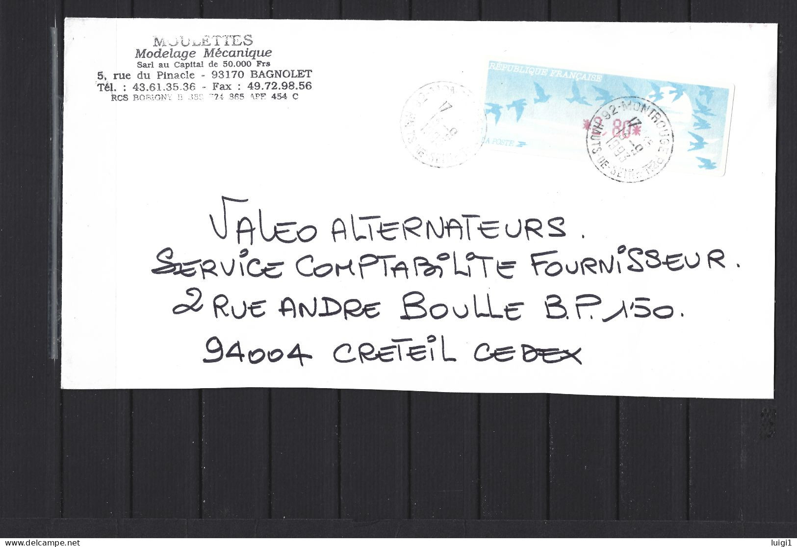 Vignette LISA Turquoise . Type Oiseaux De JUBERT - Valeur FR. 2,80 Sur Lettre Du 13-9-1993. - 1990 Type « Oiseaux De Jubert »