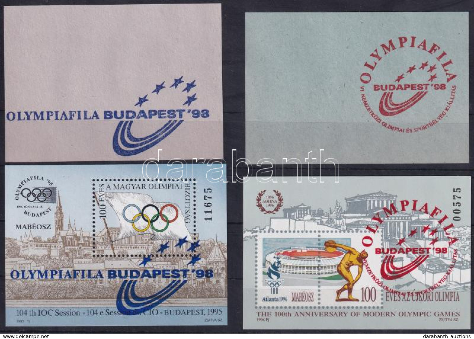 ** 1996 +1997 100 éves Az újkori Olimpia 2 Db Emlékív Mindkettőn OLYMPIAFILA BUDAPEST Felülnyomással + A Felülnyomás Pró - Otros & Sin Clasificación